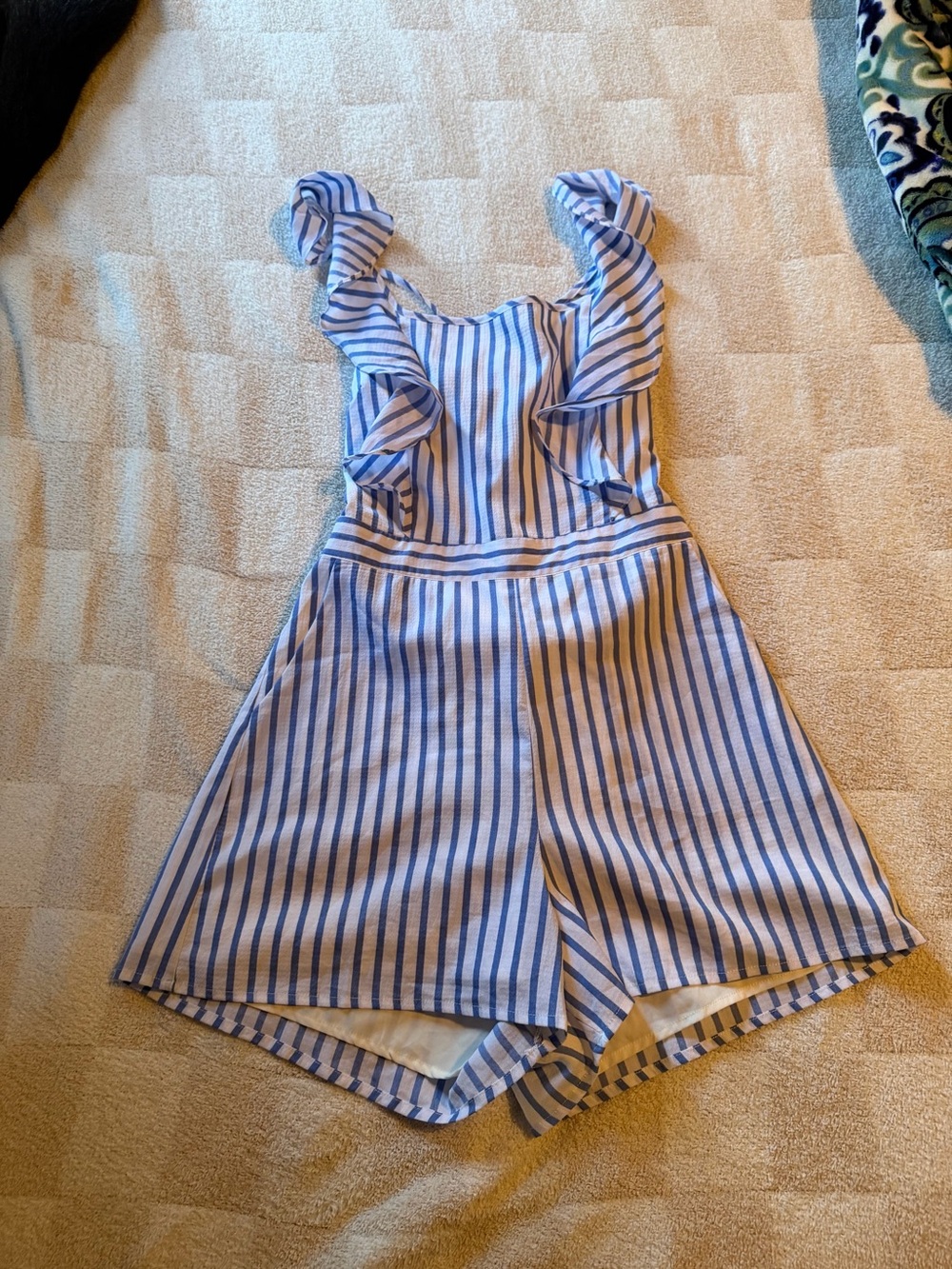 Blue and White Striped womensRomper with Ruffle Shoulders